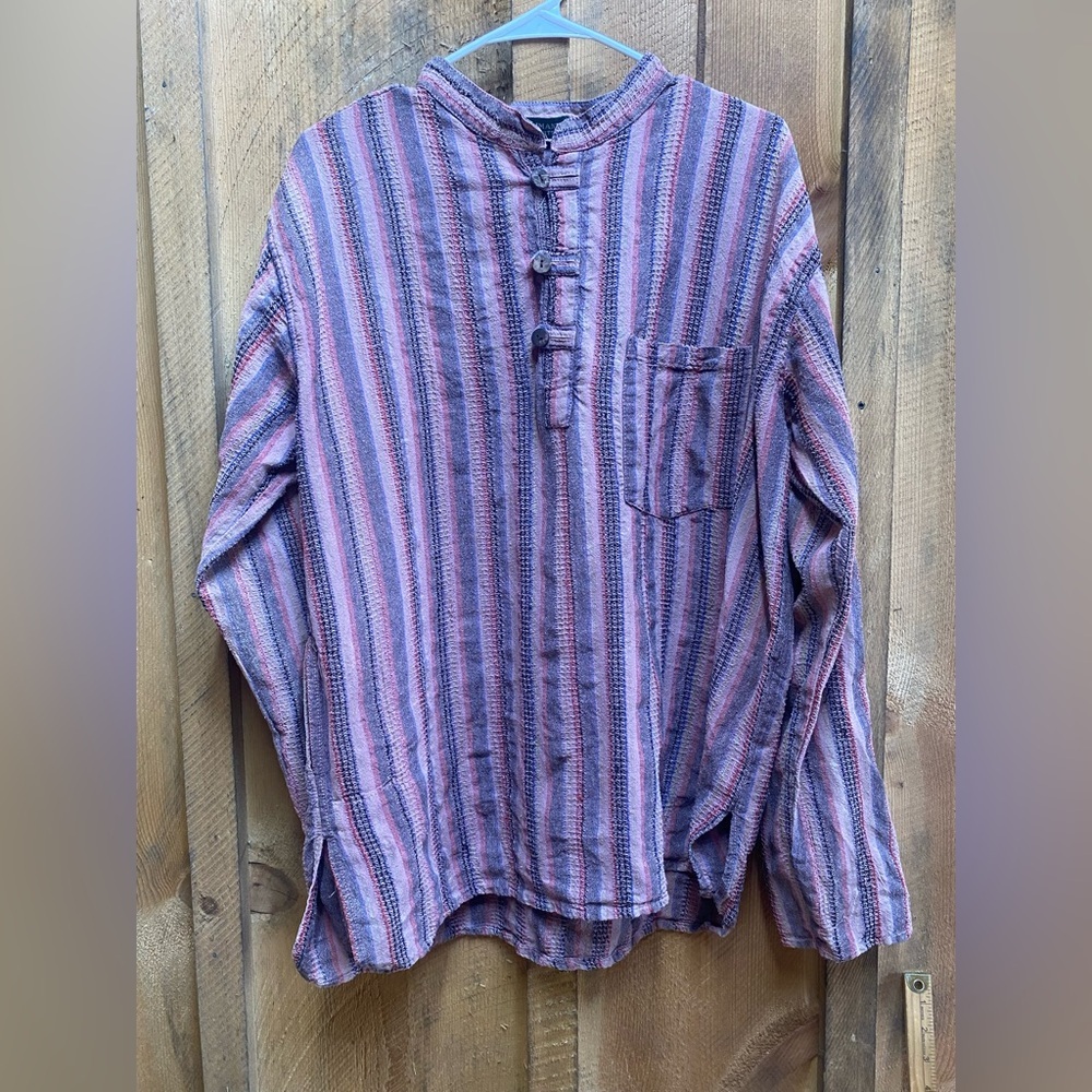 Kathmandu Imports Striped Mandarin Collar Henley Shirt Pullover Pocket Men's M